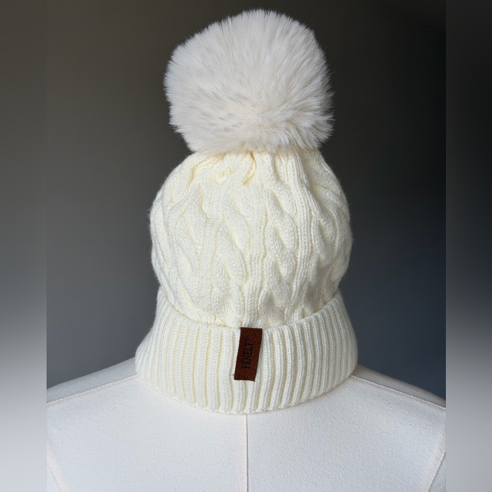 Elegant FENELY Cream Cable Knit Cozy Warm Beanie Hat with Pom-Pom